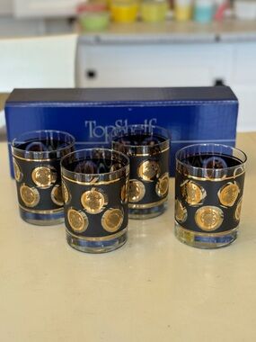 L.E. Smith Top Shelf Gold Coin Double Old Fashioned Glasses w/Original Box | MCM